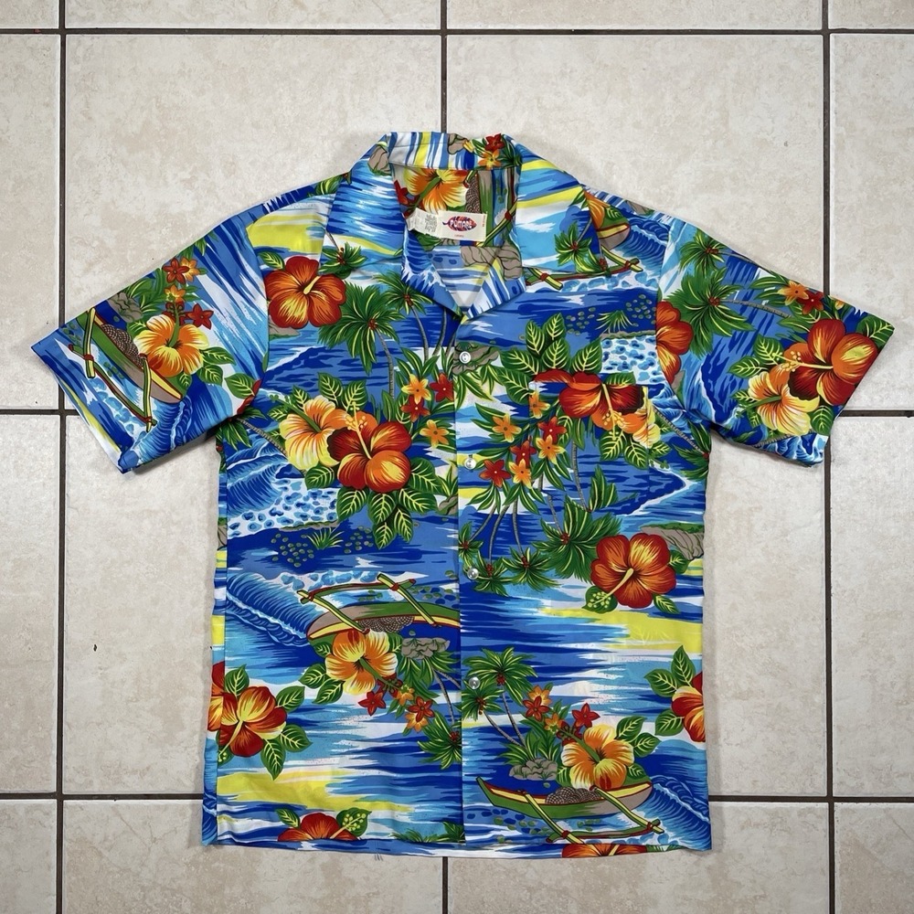 Pomare Hawaiian Shirt Floral All Over Print Resort Tropical Luau Vintage Medium